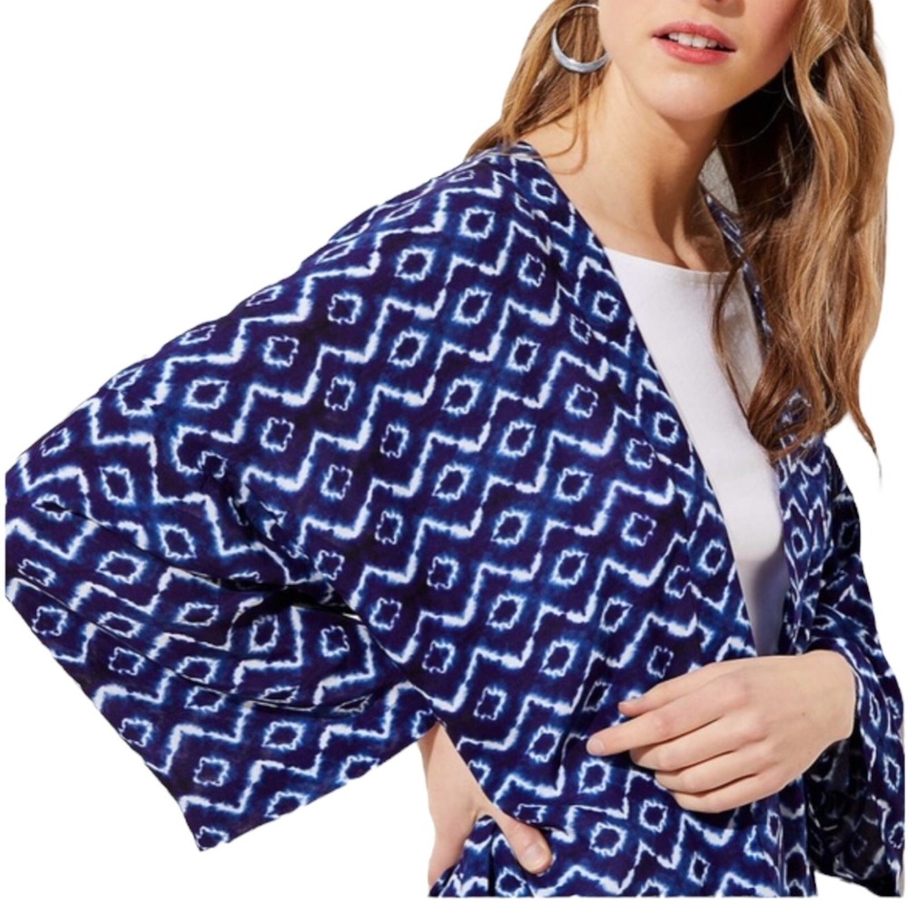 Loft Cardigan Open Front Women's Blue White Batik patterned Kimono size  ‎ M/L